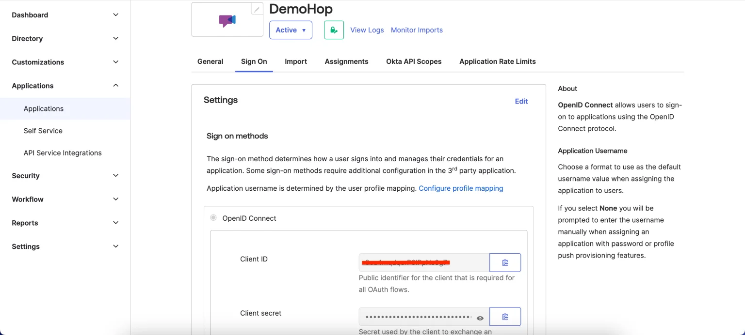 Okta DemoHop Sign On tab showing the Client ID and Client Secret fields